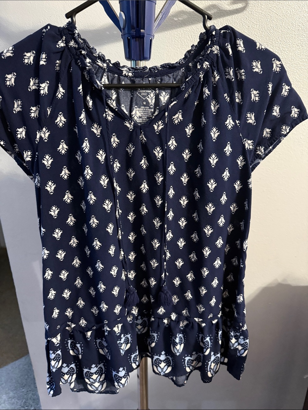 St. John's Bay Navy and White Floral Tassel Peasant Top